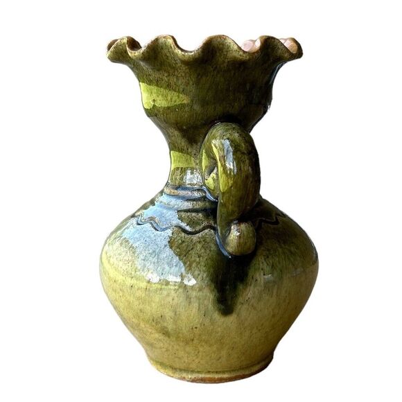 Vintage Hand Crafted Green and Brown Fluted Ceramic Handled Jug - Picture 2 of 6